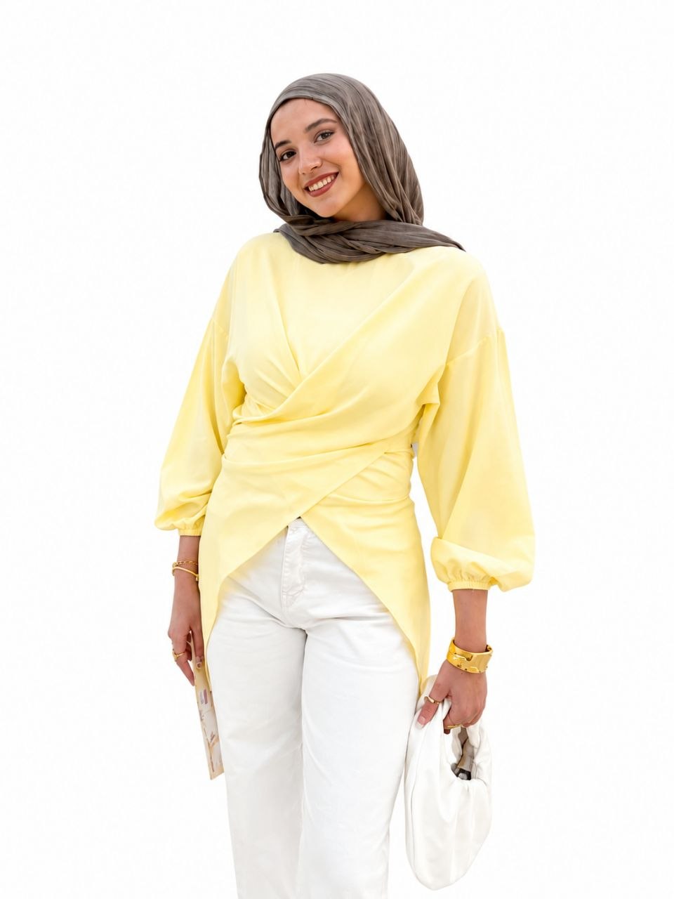 Wrap Blouse with Puff Sleeves – White & Yellow