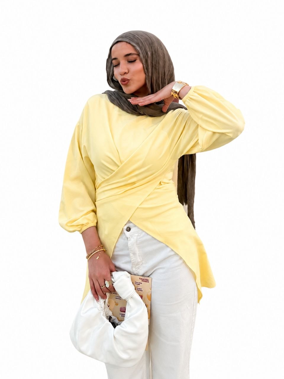 Wrap Blouse with Puff Sleeves – White & Yellow