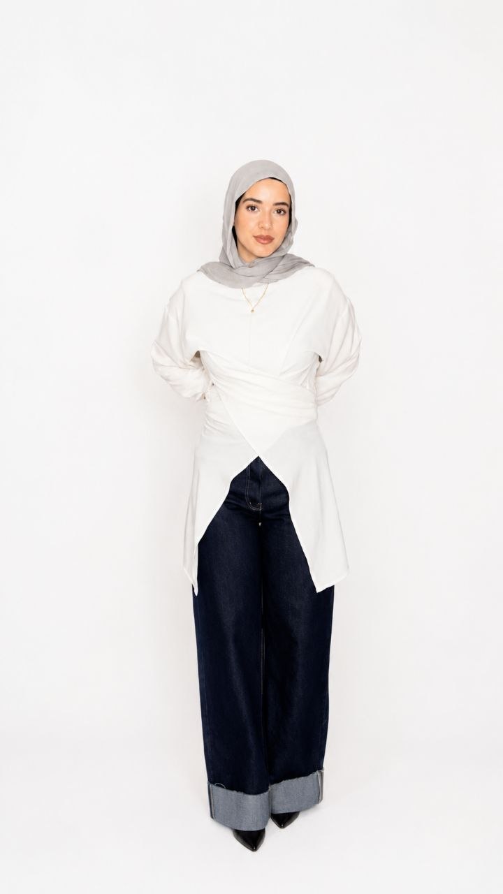 Wrap Blouse with Puff Sleeves – White & Yellow