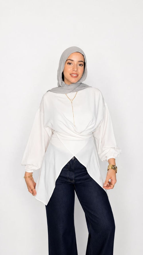 Wrap Blouse with Puff Sleeves – White